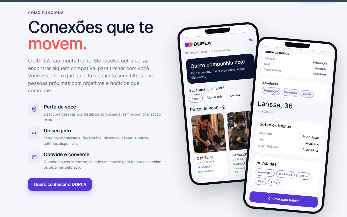 Interface do aplicativo DUPLA com descoberta de pessoas para treinar e perfil de usuário