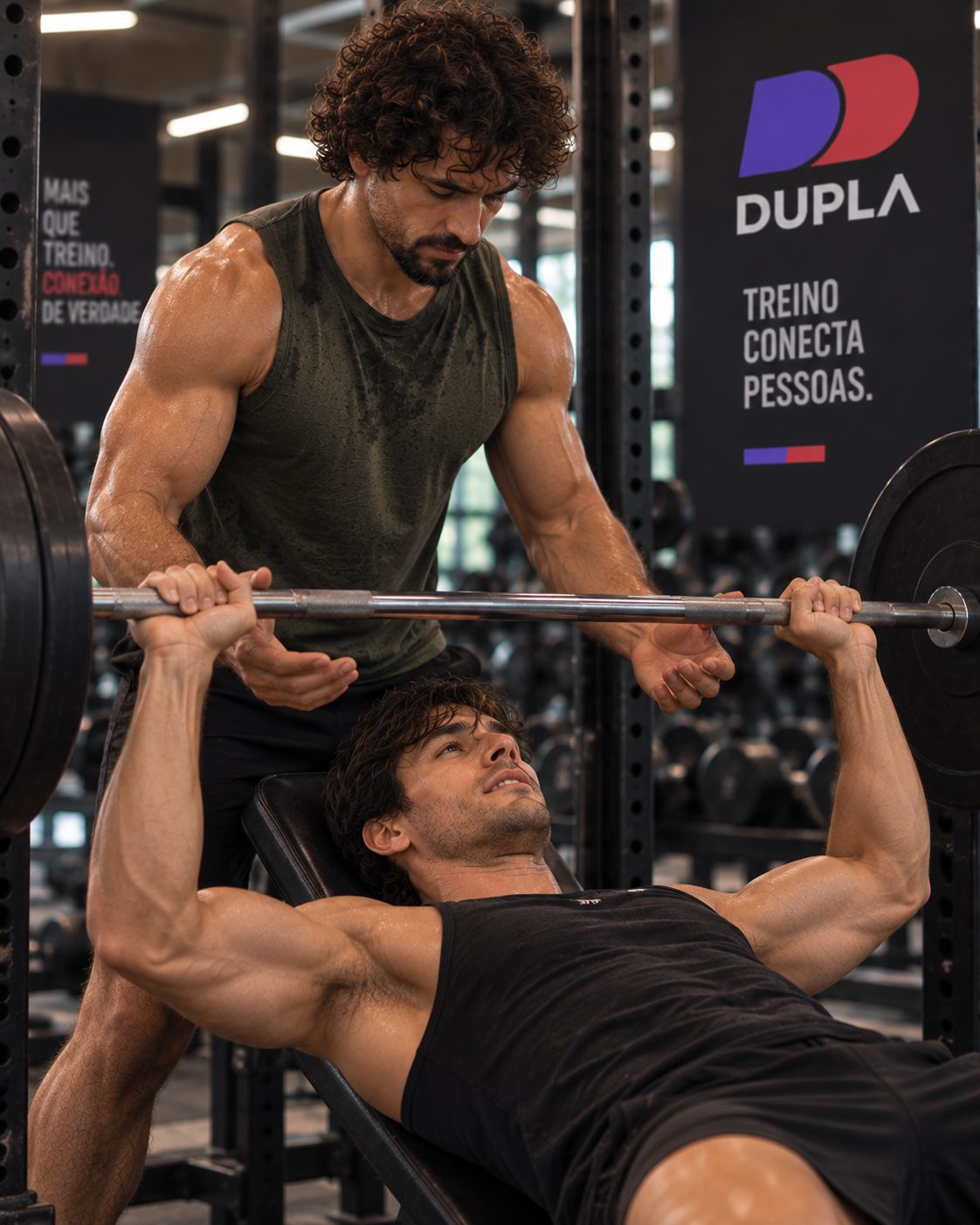 Dois homens treinando musculação juntos na academia