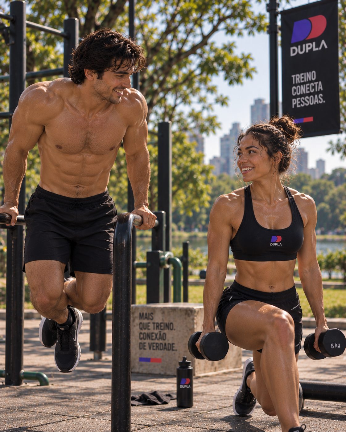 Homem e mulher treinando juntos em academia ao ar livre